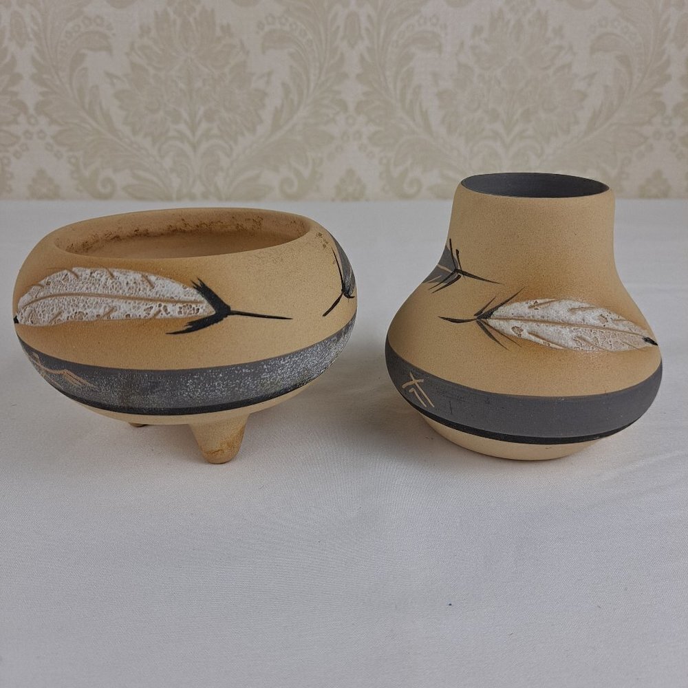 Native American Clay Pottery Vase and Footed Bowl Signed By Gray Feather Vintage